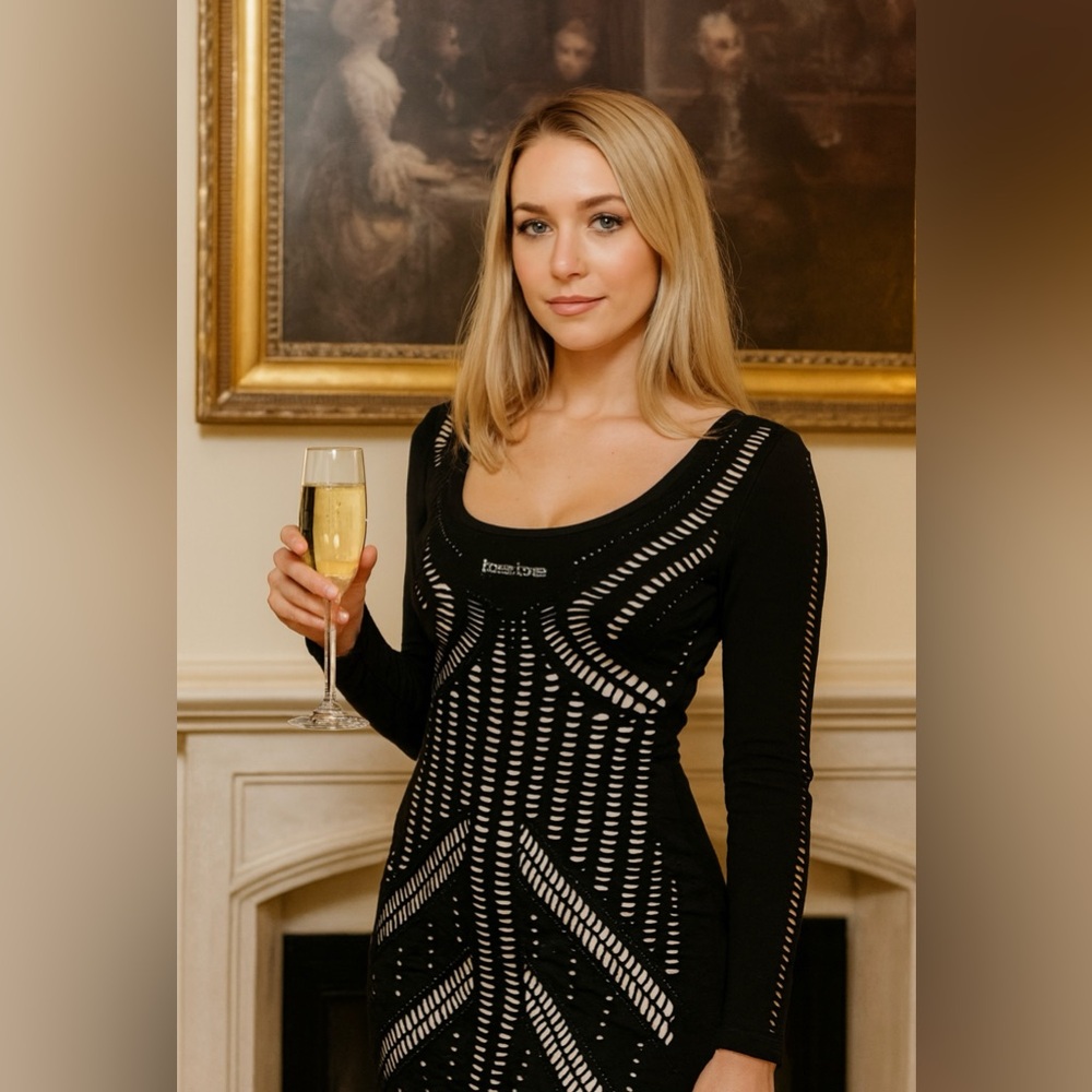 RARE Bebe Black Cutout Bodycon Dress S P Long Sleeve Cocktail Party Sexy US Made